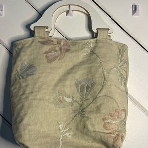 Floral Cream Tote Bag with Wood Handles Grandma Cottagecore Vintage